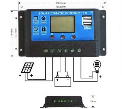 30A-es 36V Napelem töltésvezérlő USB kimenettel és LCD kijelzővel