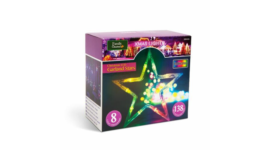 Karácsonyi LED fényfüzér - csillagok - multicolor - 6 nagy, 6 kicsi - 3 x 1 m