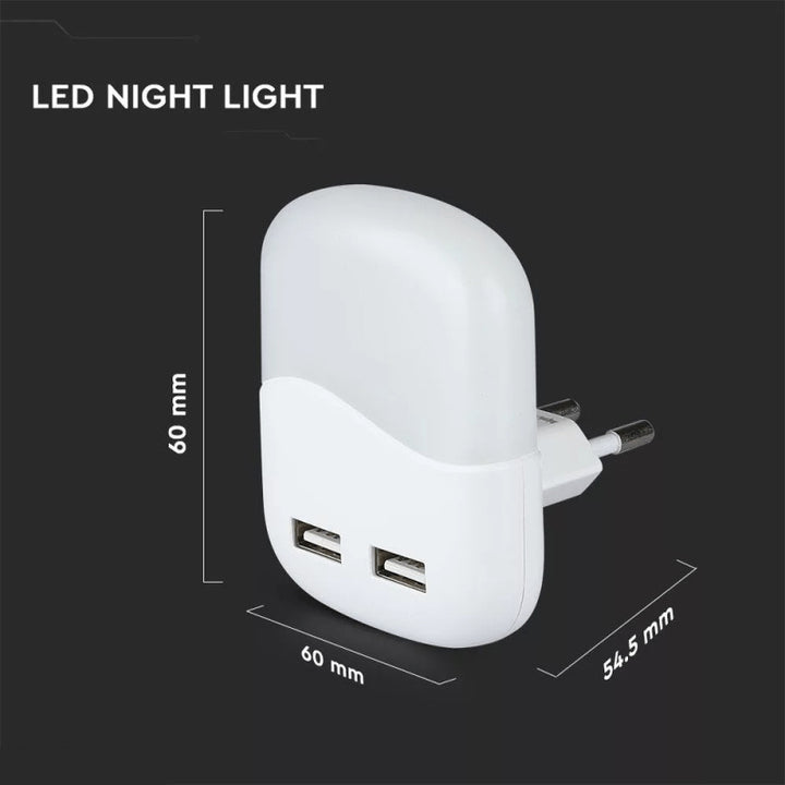 V-TAC LED éjszakai fény, 0,4W alkonykapcsolóval, USB aljzattal, 4000K, négyzet forma