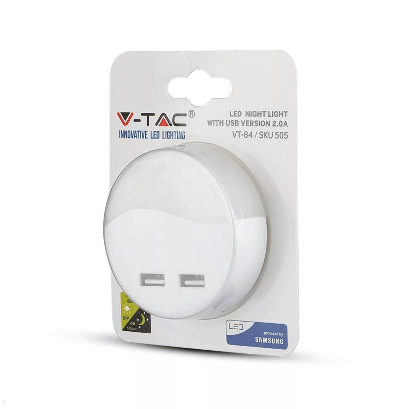 V-TAC LED éjszakai fény, 0,4W alkonykapcsolóval, USB aljzattal, kerek forma