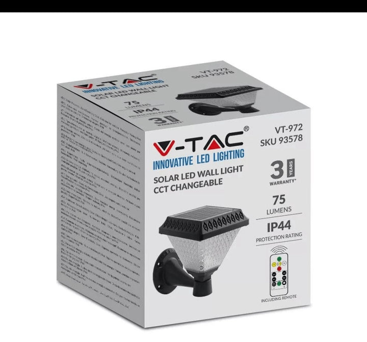 V-TAC LED napelemes szögletes fali lámpatest 1W, CCT IP65