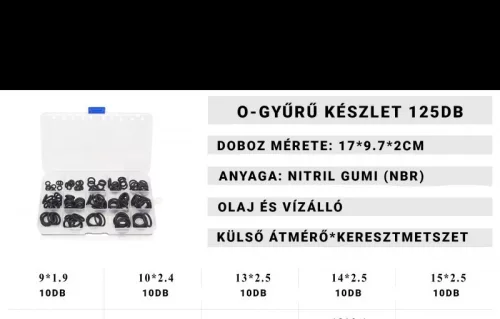 O-Gyűrű Készlet (125db) - Több Méretű Tömlők és Csövek Tömítésére Alkalmas