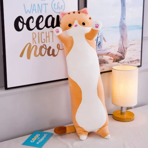 Plüss macska figura 90 cm, szürke színű, dekorációs és ölelhető játék