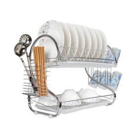   Kétszintes konyhai edényszárító rozsdamentes acélból, praktikus tányér- és pohártartóval
