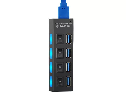 4 portos USB elosztó beépített kapcsolókkal, többeszközös csatlakoztatáshoz