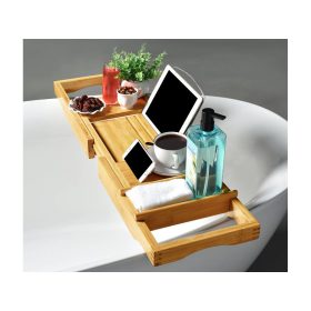   Bambusz fürdőkád tálca - Állítható és természetes anyagú fürdőszobai kiegészítő könyvtartóval és pohártartóval