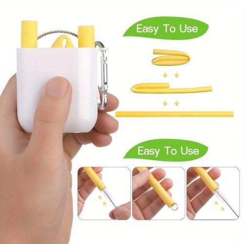 4db Szilikon Újrahasználható Szívószál Készlet Hordozható Tokkal, Kék Színben - 4db/készlet