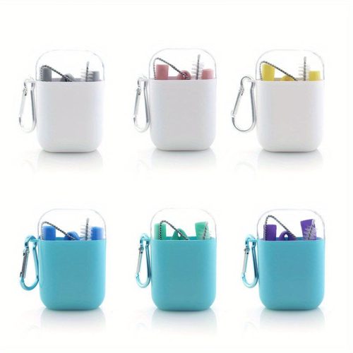 4db Szilikon Újrahasználható Szívószál Készlet Hordozható Tokkal, Kék Színben - 4db/készlet