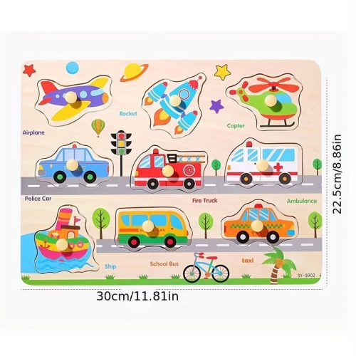 Montessori fejlesztő fa puzzle játék Járművek gyerekeknek 1