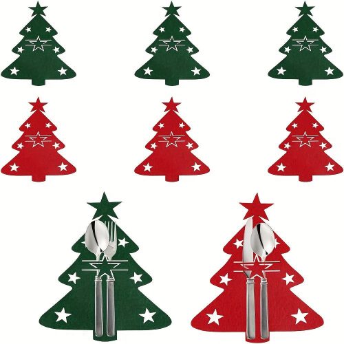 10 darab Nemez Evőeszköz Tartó Karácsonyfához, Piros és Zöld Karácsonyi Filc Evőeszköz Táska Ünnepi Vacsorapartik Dekorációhoz - Zöld