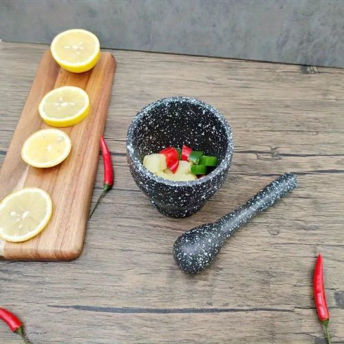 Konyhai Fokhagyma Mozsár és Mozsárkészlet Fokhagymaborshoz, Fokhagymadaráló és Chilidaráló Szürke Kő Mintás, 2 Darabos Készlet