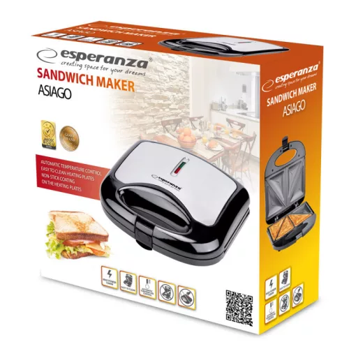 Esperanza szendvicskészítő 1000W Asiago - Elektromos grill, tapadásmentes felület, 2 szelet, fekete - EKT011