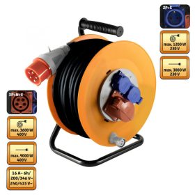   Home HJR 400-25 kültéri ipari kábeldob, 25 m, fém talp, IP44-es védelem, H07RN-F 5G2,5 mm2 gumi kábel, 2 db 2P+E és 1 db 3P+N+E