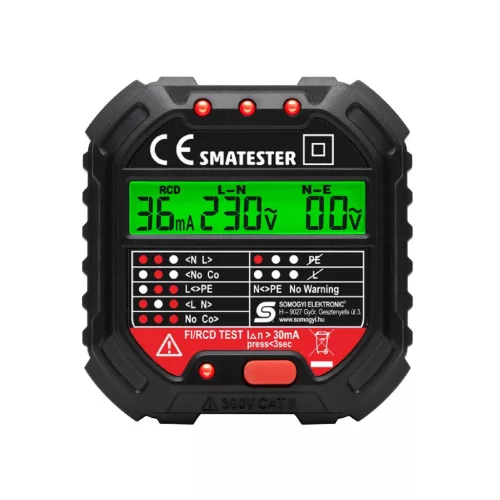 Home SMATESTER konnektor teszter, LED visszajelzők, Voltmérő, L-N, N-E, RCD mA, Fi és RCD relé ellenőrző, elem nélkül működik, max. 250 V~ aljzatokhoz