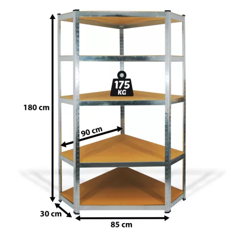 5 szintes fém sarokpolc állvány, max. 175 kg, 180 x 90 x 30 cm