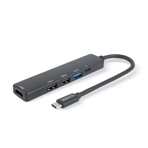 Delight multifunkciós USB hub HDMI-vel, Type-C 3.0, 3xUSB-A, 1xType-C, 5 Gbps, 100 W, fekete