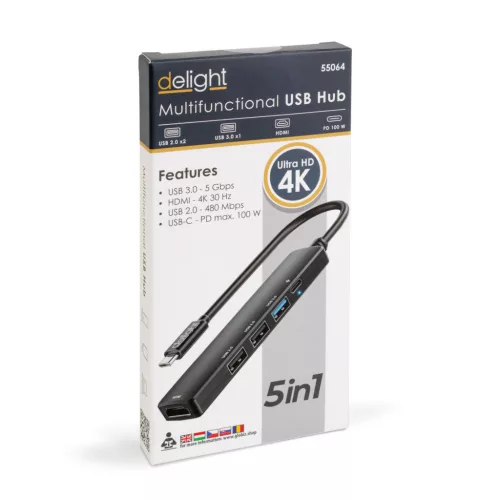 Delight multifunkciós USB hub HDMI-vel, Type-C 3.0, 3xUSB-A, 1xType-C, 5 Gbps, 100 W, fekete