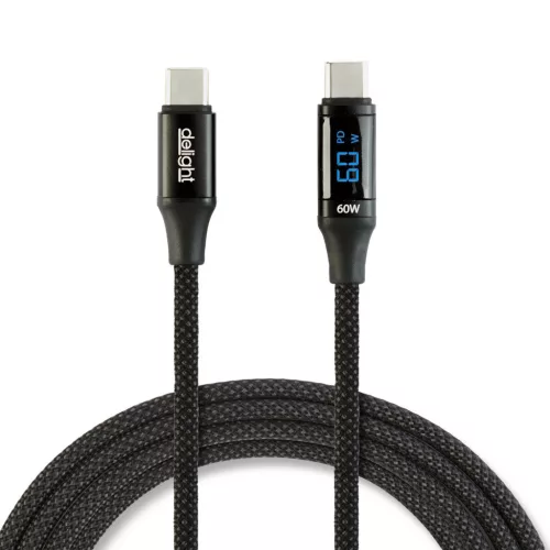 Delight USB-C / USB-C adatkábel teljesítménykijelzővel, fekete, 1 m, 3 A, 60W