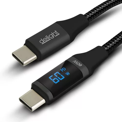 Delight USB-C / USB-C adatkábel teljesítménykijelzővel, fekete, 1 m, 3 A, 60W