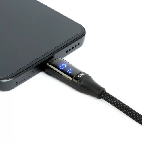 Delight USB-C / USB-C adatkábel teljesítménykijelzővel, fekete, 1 m, 3 A, 60W
