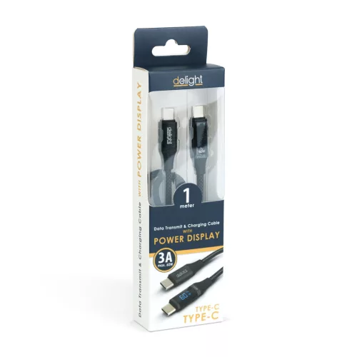 Delight USB-C / USB-C adatkábel teljesítménykijelzővel, fekete, 1 m, 3 A, 60W
