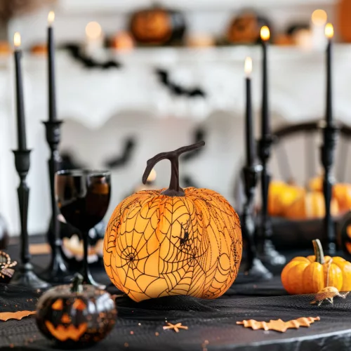Family halloweeni tök dekoráció, 16,5 cm, narancs pókhálós, habszivacs