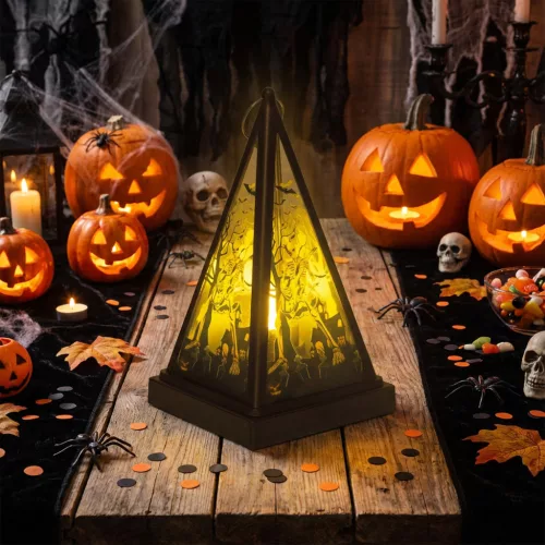 Family Halloween LED lámpás csontvázzal, melegfehér, fekete, 9,5 x 9,5 x 17 cm, 2 x AAA