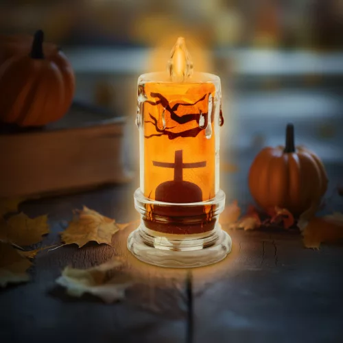 Family Halloween LED gyertya dekoráció sírkővel, narancs LED, 3 x LR1130, 5 x 5 x 10 cm