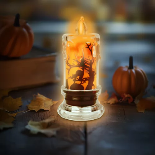 Family Halloween LED gyertya dekoráció denevérrel, narancs LED, 5 x 5 x 10 cm