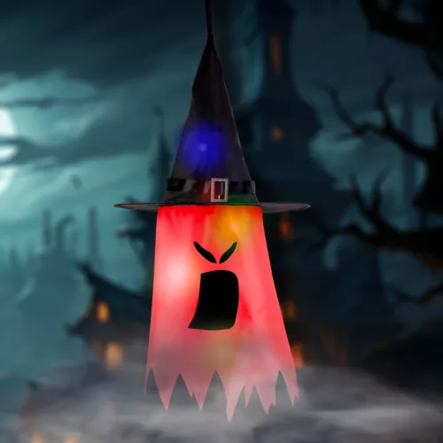 Family Halloween LED dekor szellem, piros, 10 színes LED, akasztható, 75 x 35 cm