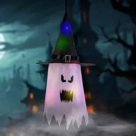   Family Halloween LED dekor szellem, rózsaszín, 10 színes LED, akasztható, 75 x 35 cm