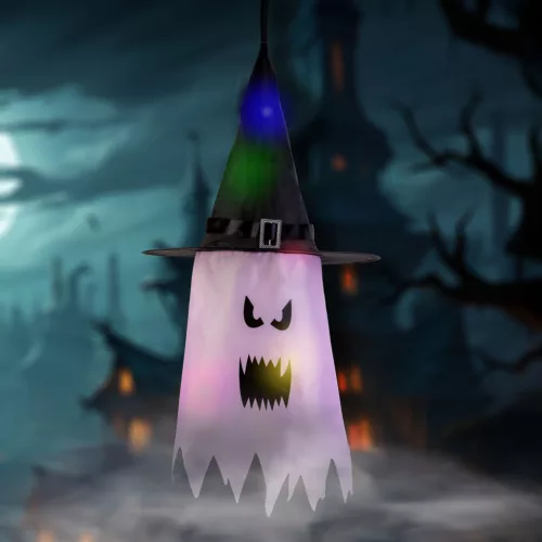 Family Halloween LED dekor szellem, rózsaszín, 10 színes LED, akasztható, 75 x 35 cm