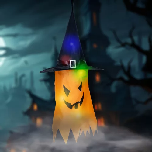 Family Halloween LED dekor szellem, sárga, 10 színes LED, akasztható, 75 x 35 cm