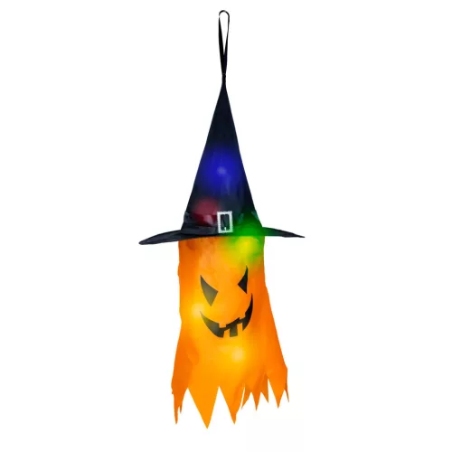 Family Halloween LED dekor szellem, sárga, 10 színes LED, akasztható, 75 x 35 cm