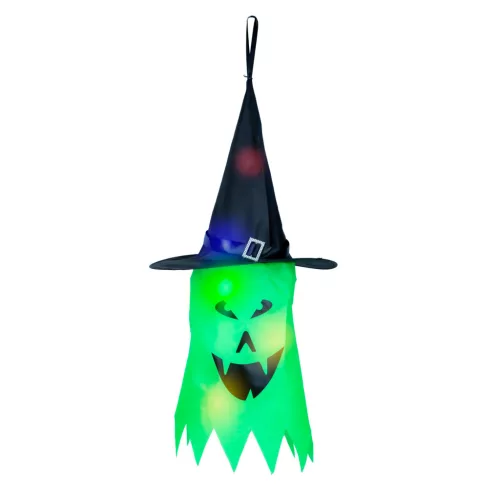 Family Halloween LED szellem dekor, zöld, 10 színes LED, akasztható, 75 x 35 cm