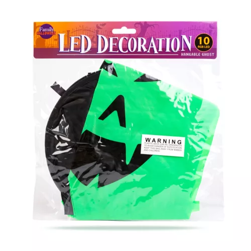 Family Halloween LED szellem dekor, zöld, 10 színes LED, akasztható, 75 x 35 cm