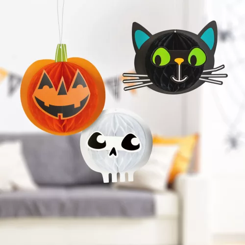 Halloween dekorációs papír lampion szett tök, macska, koponya 20 cm 3 db/csomag