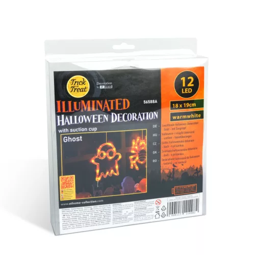 Halloween világító szellem dekoráció tapadókoronggal, 12 LED, 20 x 18,5 cm, 3 x AAA
