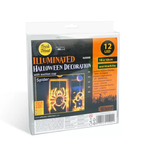 Halloween világító pók dekoráció tapadókoronggal, 12 LED, 20 x 18,5 cm, 3 x AAA