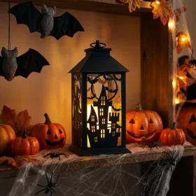   Bewello halloweeni pislákoló kastély lámpás, elemes, fekete, 30 x 14 cm