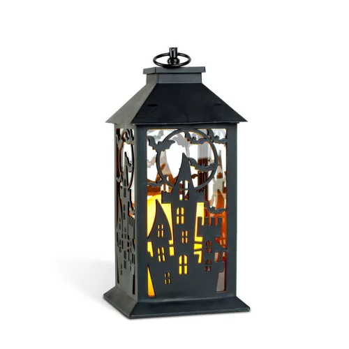 Bewello halloweeni pislákoló kastély lámpás, elemes, fekete, 30 x 14 cm