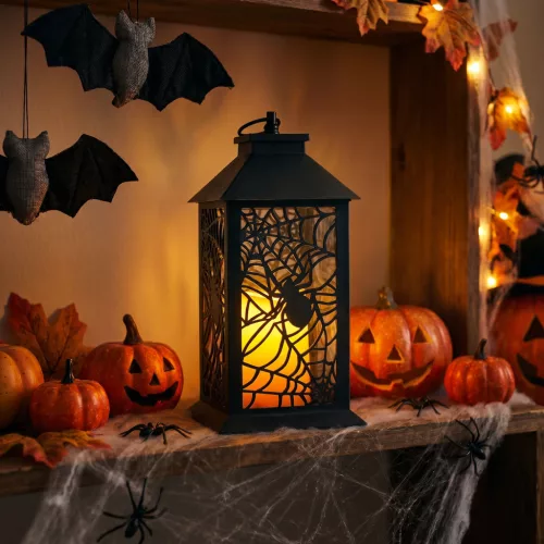 Bewello halloweeni pislákoló pók lámpás, elemes, fekete, 30 x 14 cm