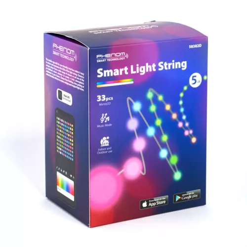 Phenom smart USB fényfüzér 5 m, 33 db RGBIC LED, Bluetooth, zene mód, IP65