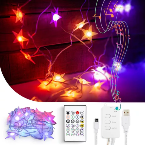 Smart csillag fényfüzér zene móddal, USB, Bluetooth, 25 RGB LED, 5 m