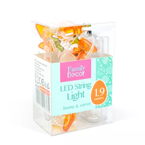 Family LED fényfüzér nyuszi és répa mintával, 2 m, 20 LED, 2 x AA