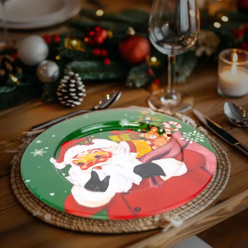 Family karácsonyi fém tálca Mikulás mintával, zöld, 33 cm