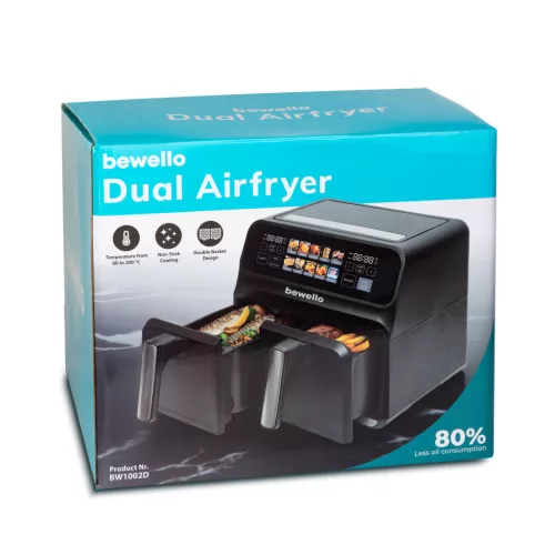 Bewello olaj nélküli XXL fritőz, dupla kosár, színes érintőkijelző, 4+4 L, 230V, 2200W