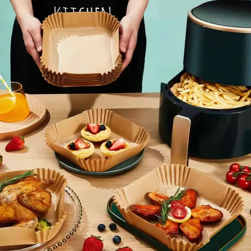 Bewello air fryer sütőpapír olaj nélküli sütőhöz, négyzet, 20 cm, 50 db/csomag