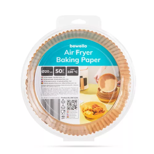 Bewello air fryer sütőpapír olaj nélküli sütőhöz, kör, 20 cm, 50 db/csomag