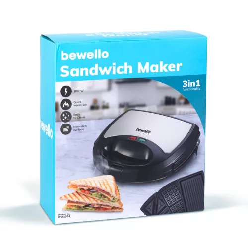 Bewello 3 az 1-ben szendvicssütő 220-240V 800W ezüst/fekete